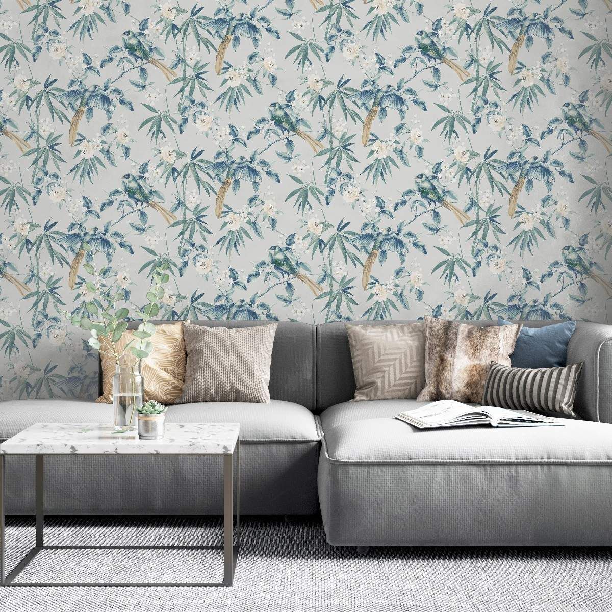 Oriental Floral Birds Grey & Blue Arthouse Blue Floral Wallpaper 924500